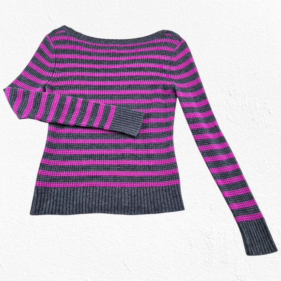 Splendid Gray Magenta Pink Stripe Scoop Neck Sweater Merino Alpaca Size Medium - Picture 6 of 6